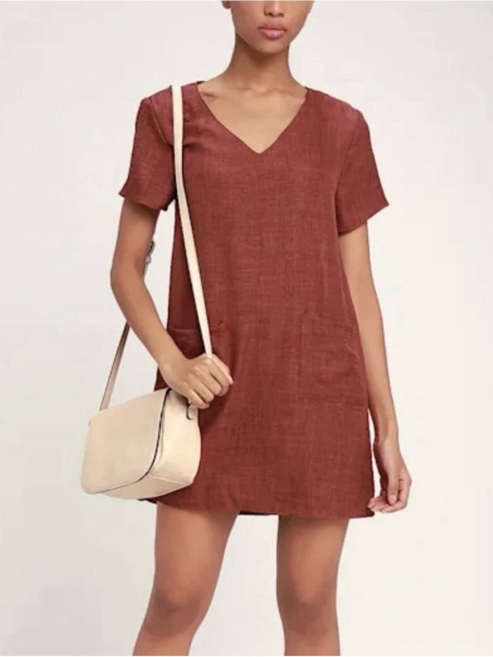 Lulus Women’s Poppy Rust V-Neck Shift Dress Pockets Chic Business Preppy Medium